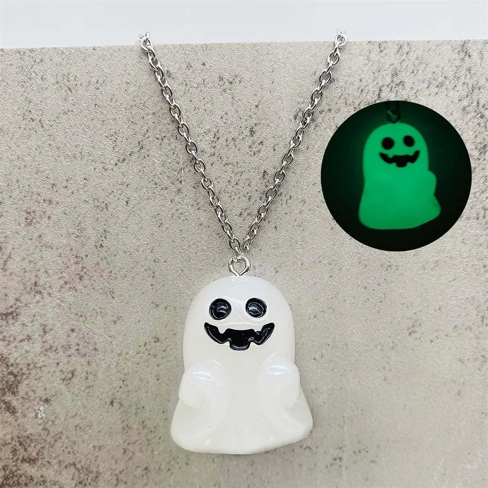 Cute Halloween Luminous Ghost Necklace Earrings Set for Women Grow in The Dark 3D Stereo Ghost Earrings Halloween Theme Party Jewelry Gift