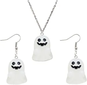 Cute Halloween Luminous Ghost Necklace Earrings Set for Women Grow in The Dark 3D Stereo Ghost Earrings Halloween Theme Party Jewelry Gift