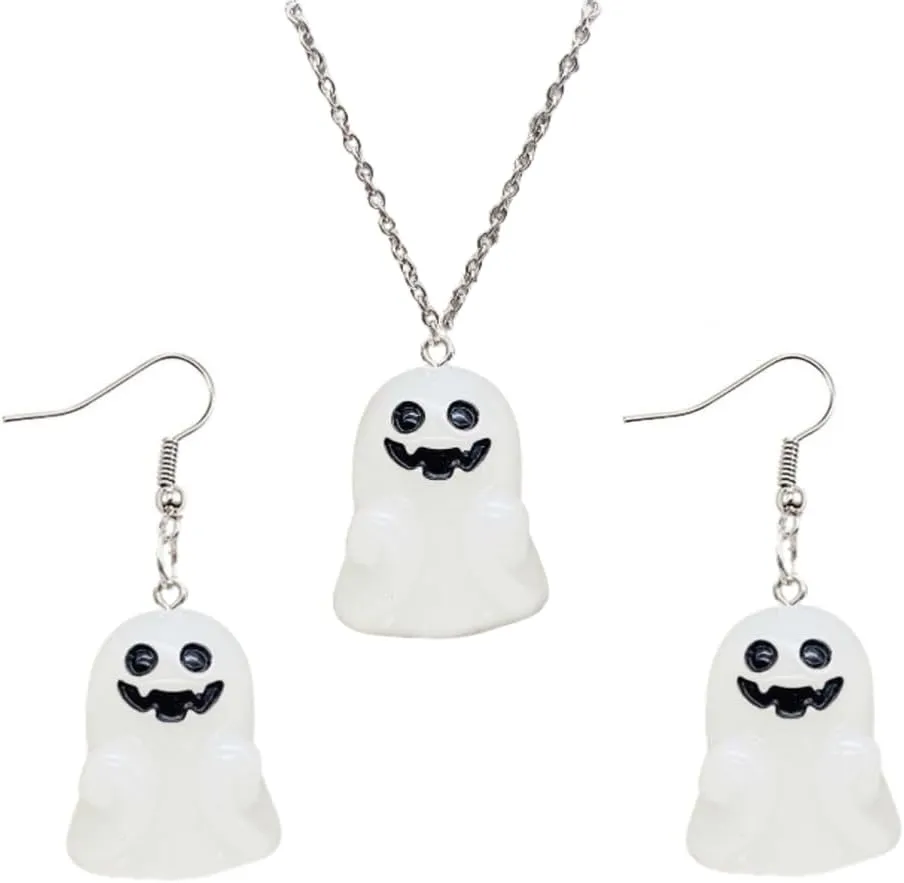 Cute Halloween Luminous Ghost Necklace Earrings Set for Women Grow in The Dark 3D Stereo Ghost Earrings Halloween Theme Party Jewelry Gift