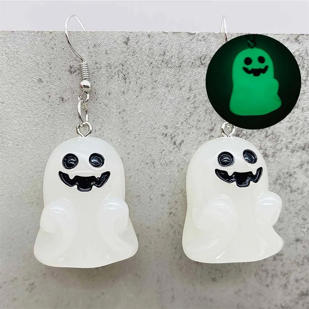 Cute Halloween Luminous Ghost Necklace Earrings Set for Women Grow in The Dark 3D Stereo Ghost Earrings Halloween Theme Party Jewelry Gift