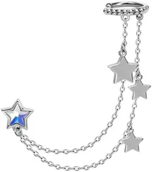 Cute Star Chain Tassel Ear Cuff Wrap Crawler Climber Earrings for Women Unique Silver Plated Star Stud Clip On Cartilage Hoop Threader Dangle Drop Hypoallergenic Fashion Jewelry Birthday Bff Gifts 1 Pc