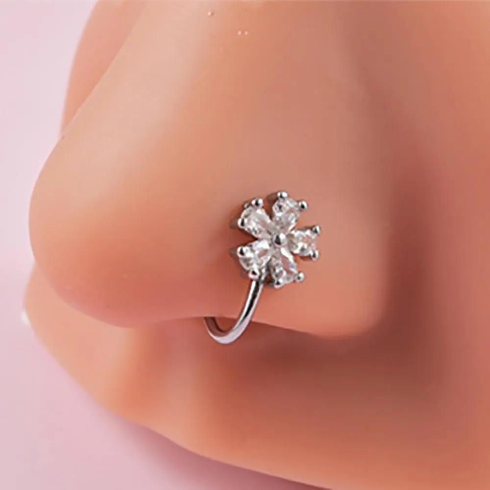 CZ Flower Fake Nose Rings for Women Girls Stainless Steel Nose Cuff Adjustable Non Piercing Clip On Nose Rings Fake Nose Piercing Jewelry