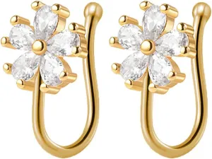 CZ Flower Fake Nose Rings for Women Girls Stainless Steel Nose Cuff Adjustable Non Piercing Clip On Nose Rings Fake Nose Piercing Jewelry