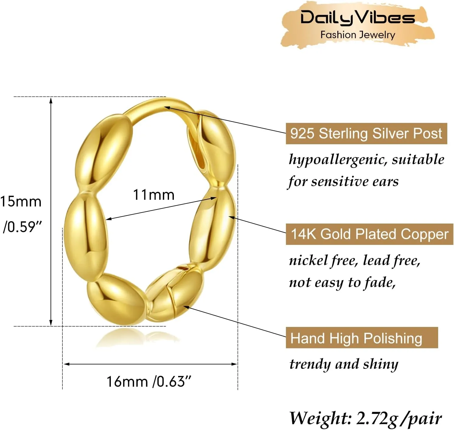 DAILY VIBES Small Gold Chunky Hoop Earrings for Women 14K Gold Plated 925 Sterling Silver Post Oval Huggie Hoop Earrings for Women Dainty Thick Gold Hoops
