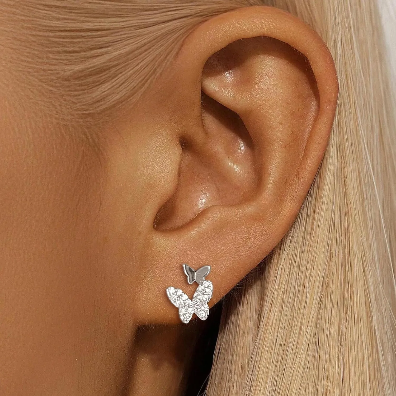 Dainty 14K Gold Plated Butterfly Stud Earrings for Women 925 Sterling Silver Cubic Zirconia Earring Hypoallergenic Trendy Jewelry Graduation Gifts