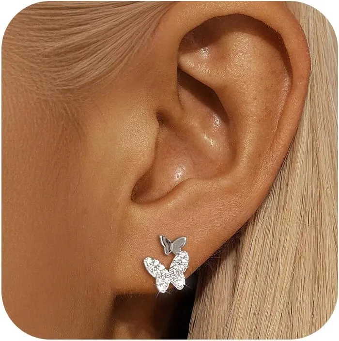 Dainty 14K Gold Plated Butterfly Stud Earrings for Women 925 Sterling Silver Cubic Zirconia Earring Hypoallergenic Trendy Jewelry Graduation Gifts