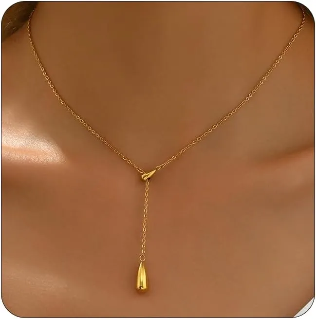 Dainty Cross Drop Y-Shaped Necklace for Women 18K Gold Plated Simple Rosary Beads Chain Lariat Necklace Minimalist Everyday Jewelry