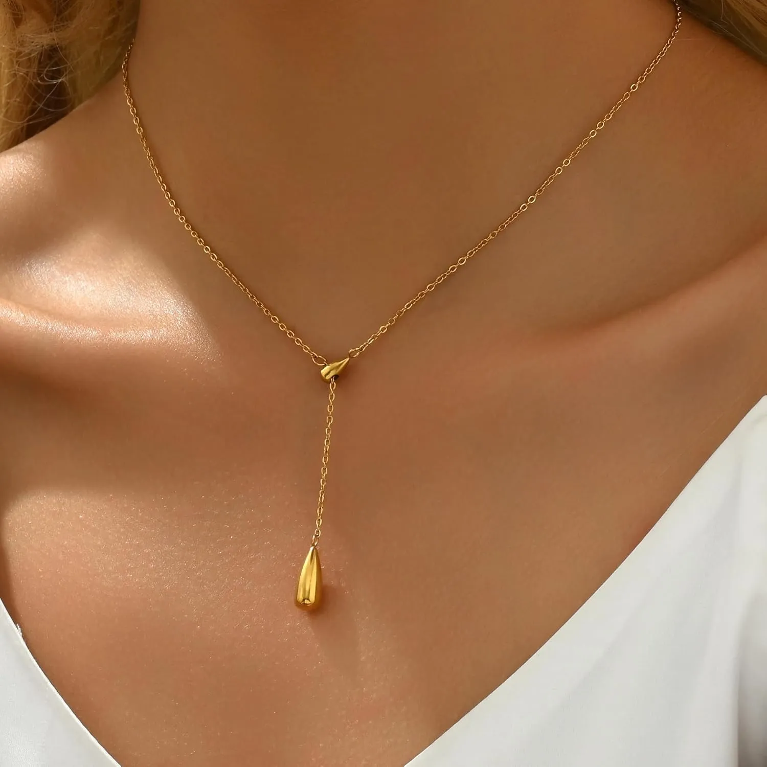 Dainty Cross Drop Y-Shaped Necklace for Women 18K Gold Plated Simple Rosary Beads Chain Lariat Necklace Minimalist Everyday Jewelry