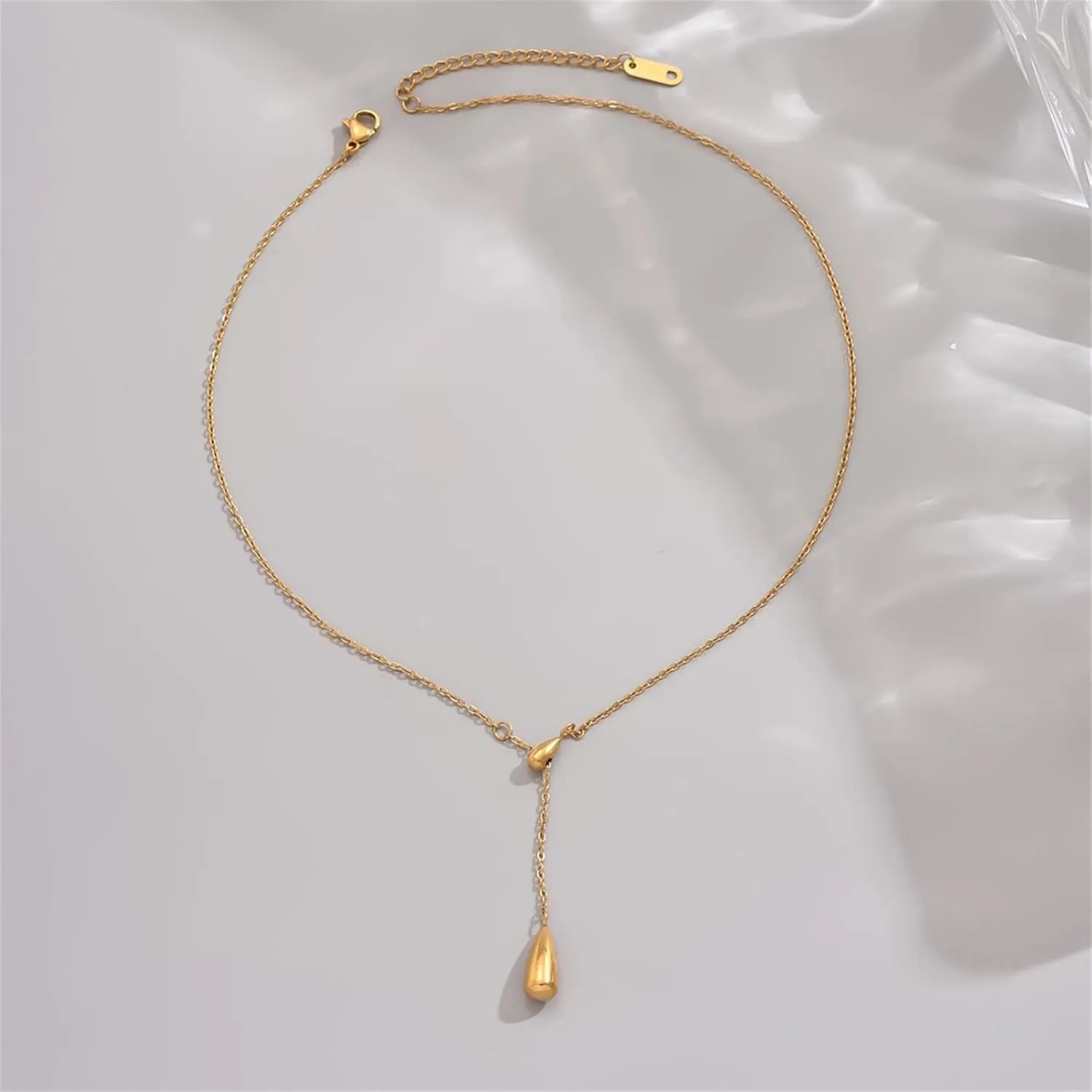 Dainty Cross Drop Y-Shaped Necklace for Women 18K Gold Plated Simple Rosary Beads Chain Lariat Necklace Minimalist Everyday Jewelry