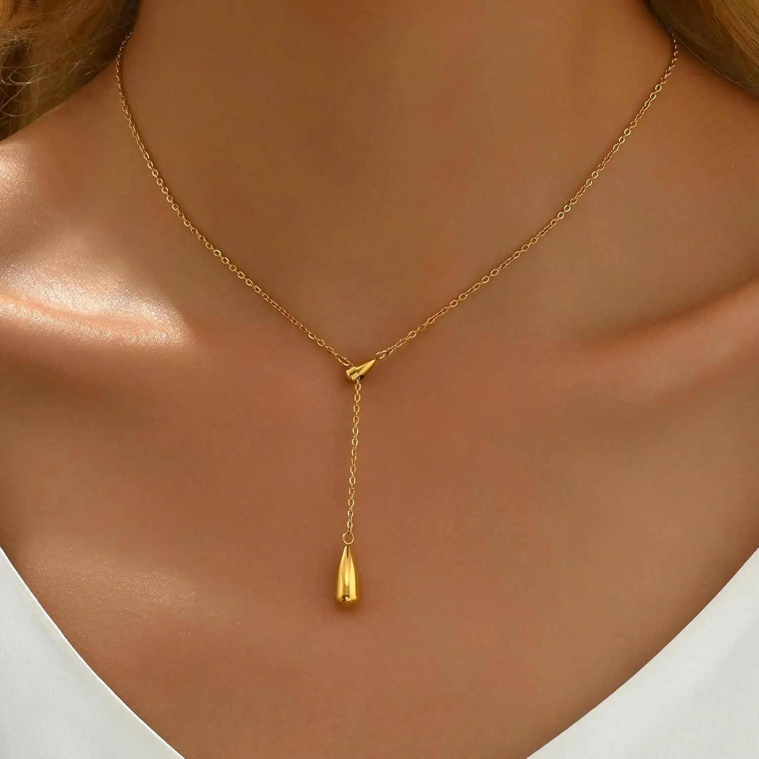 Dainty Cross Drop Y-Shaped Necklace for Women 18K Gold Plated Simple Rosary Beads Chain Lariat Necklace Minimalist Everyday Jewelry