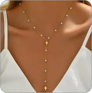 Dainty Cross Drop Y-Shaped Necklace for Women 18K Gold Plated Simple Rosary Beads Chain Lariat Necklace Minimalist Everyday Jewelry