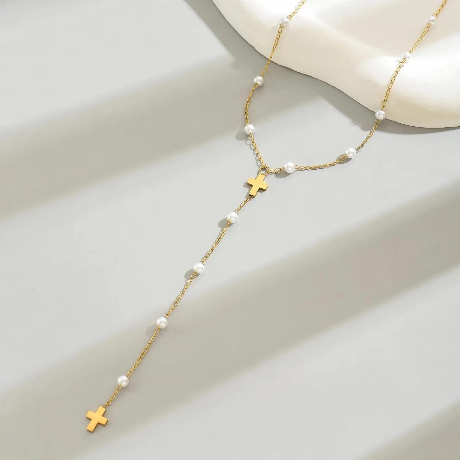 Dainty Cross Drop Y-Shaped Necklace for Women 18K Gold Plated Simple Rosary Beads Chain Lariat Necklace Minimalist Everyday Jewelry