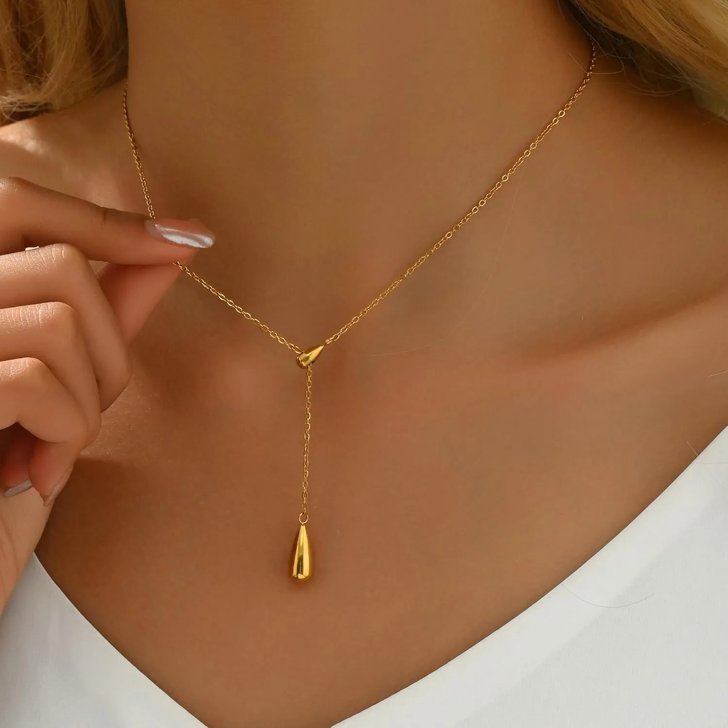 Dainty Cross Drop Y-Shaped Necklace for Women 18K Gold Plated Simple Rosary Beads Chain Lariat Necklace Minimalist Everyday Jewelry