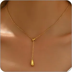 Dainty Cross Drop Y-Shaped Necklace for Women 18K Gold Plated Simple Rosary Beads Chain Lariat Necklace Minimalist Everyday Jewelry