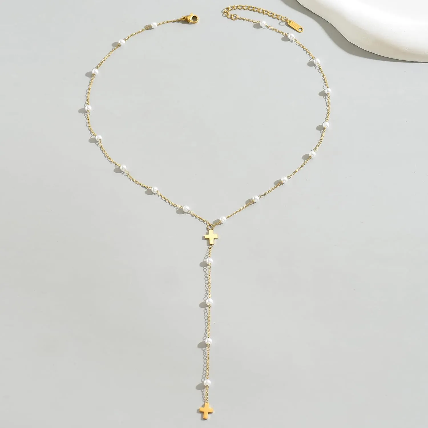 Dainty Cross Drop Y-Shaped Necklace for Women 18K Gold Plated Simple Rosary Beads Chain Lariat Necklace Minimalist Everyday Jewelry