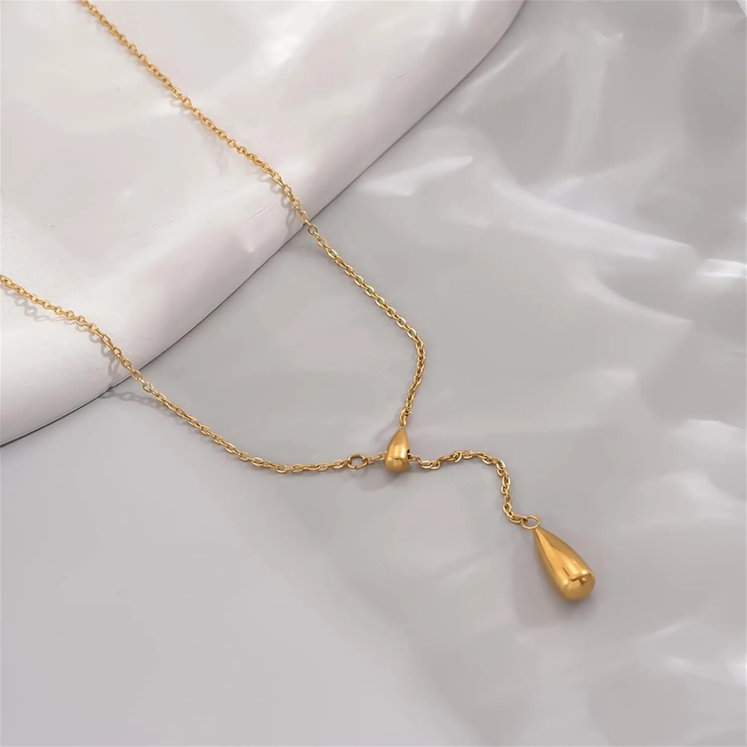 Dainty Cross Drop Y-Shaped Necklace for Women 18K Gold Plated Simple Rosary Beads Chain Lariat Necklace Minimalist Everyday Jewelry
