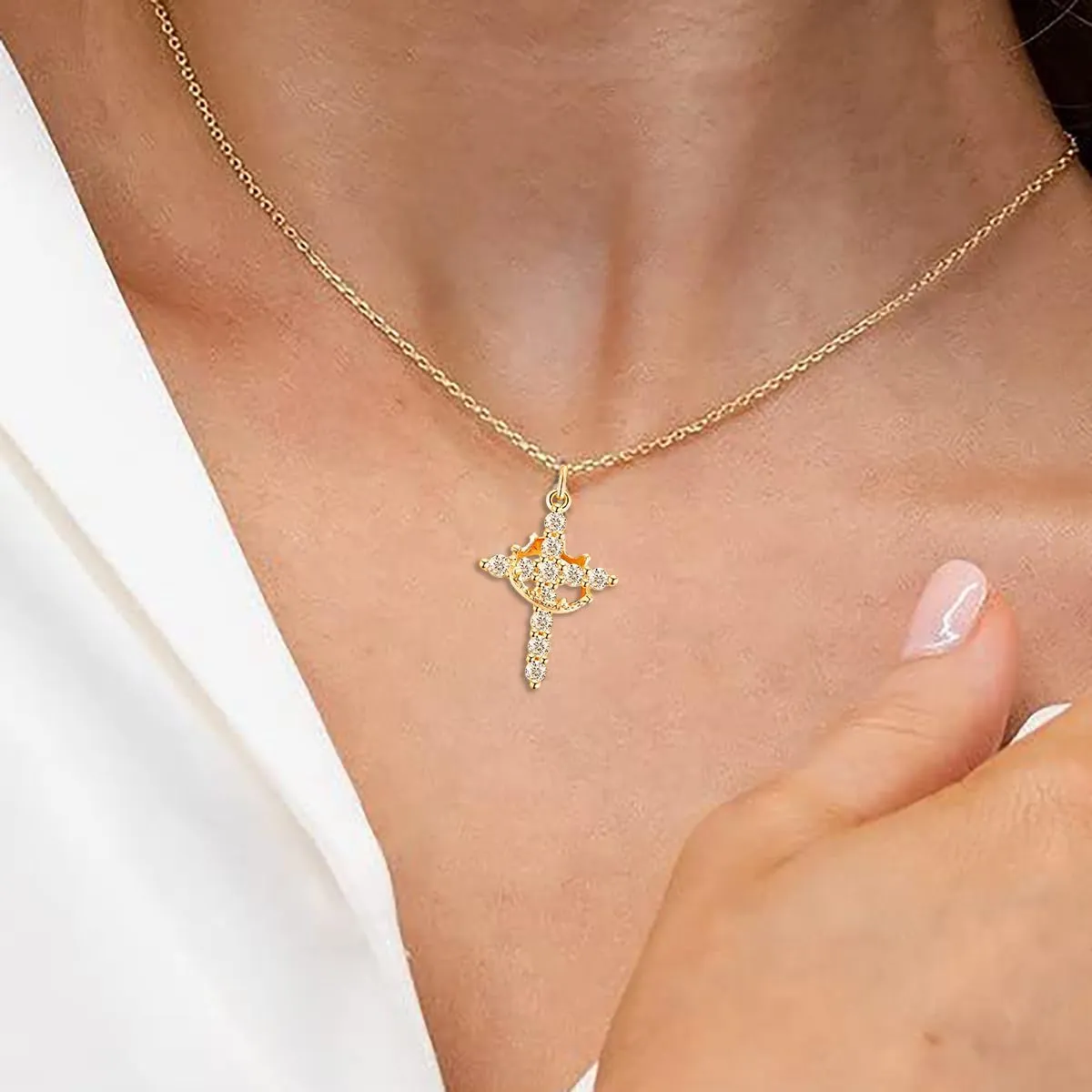 Dainty Cross Necklace for Women, Gold Cross Necklace With Crown Rotated Pendant Cubic Zirconia Diamond 18 K Gold Plated Cute Simple Cross Crown Jewelry for Women