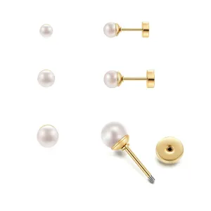 Dainty Flat Screw back Pearl Stud Earring Set for Multiple Piercing|3Pairs Pearl Earrings for Helix Tragus Cartilage Piercing for Women Girls|Secure Twist Back Sleep Earrings(4mm 5mm 6mm Pearl, Gold)