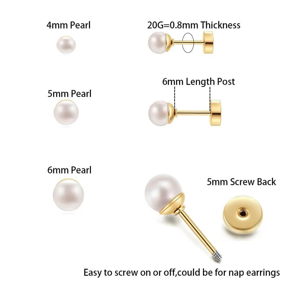Dainty Flat Screw back Pearl Stud Earring Set for Multiple Piercing|3Pairs Pearl Earrings for Helix Tragus Cartilage Piercing for Women Girls|Secure Twist Back Sleep Earrings(4mm 5mm 6mm Pearl, Gold)