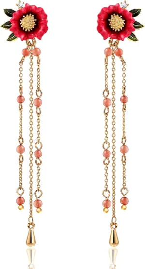Dainty Flower Enamel Dangle Earrings - Florals Leaves Gold Chain Drop Earring for Women Girls, Hypoallergenic, by Smilephil