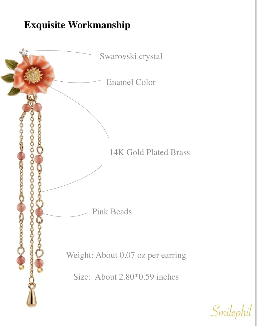 Dainty Flower Enamel Dangle Earrings - Florals Leaves Gold Chain Drop Earring for Women Girls, Hypoallergenic, by Smilephil
