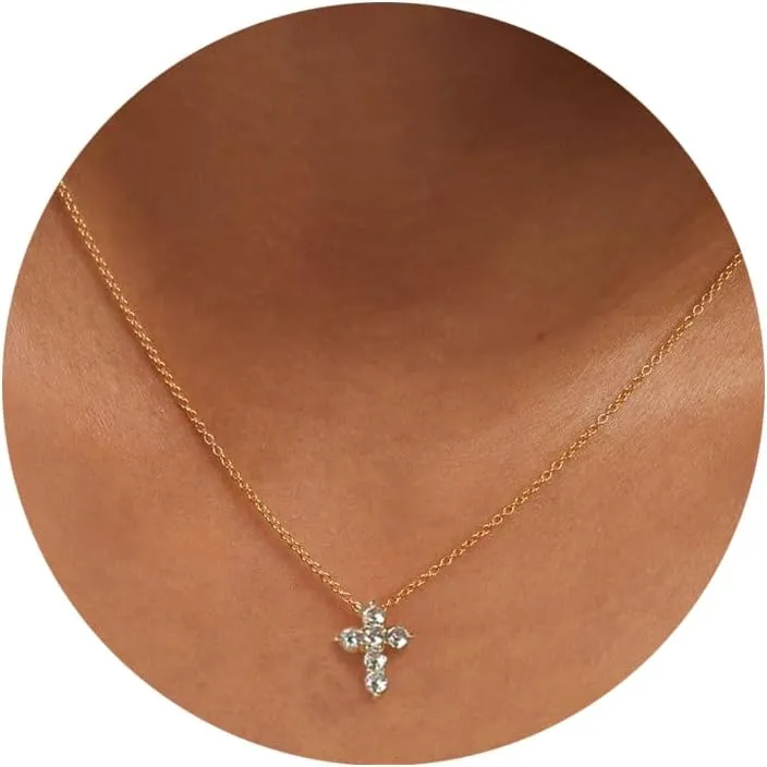 Dainty Gold Necklace for Women, Gold Cross necklace 14K Gold Plated Paperclip Pendant Necklace Cute Gold CZ Heart Pendant Necklace Simple Gold Choker Necklaces for Women Gold Jewelry Gifts