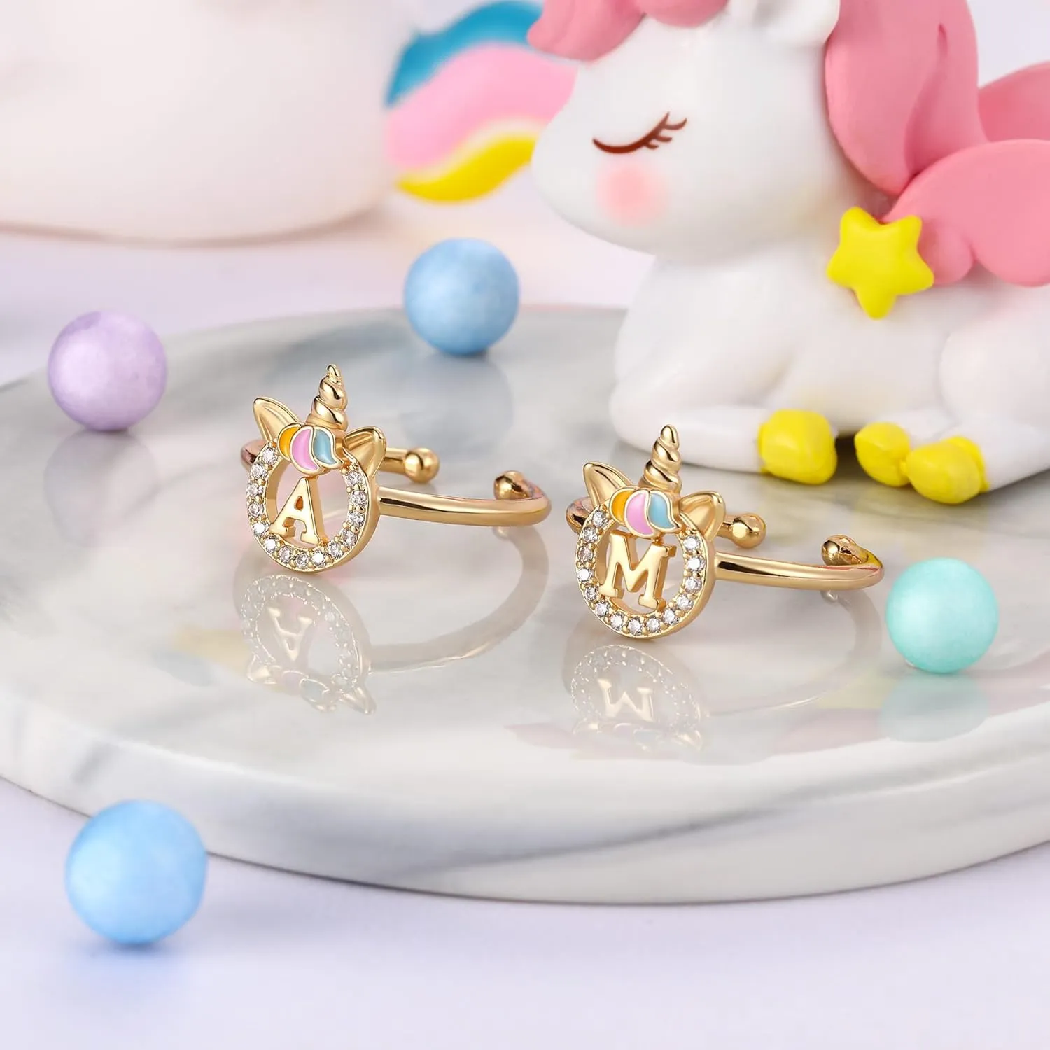 Dainty Initial Unicorn Rings for Girls Gifts, 14K Gold Plated/Rose Gold/Silver Unicorn Rings for Girls Cute Initial Toddler Ring Hypoallergenic Adjustable Letter Rings for Teen Girls Gifts