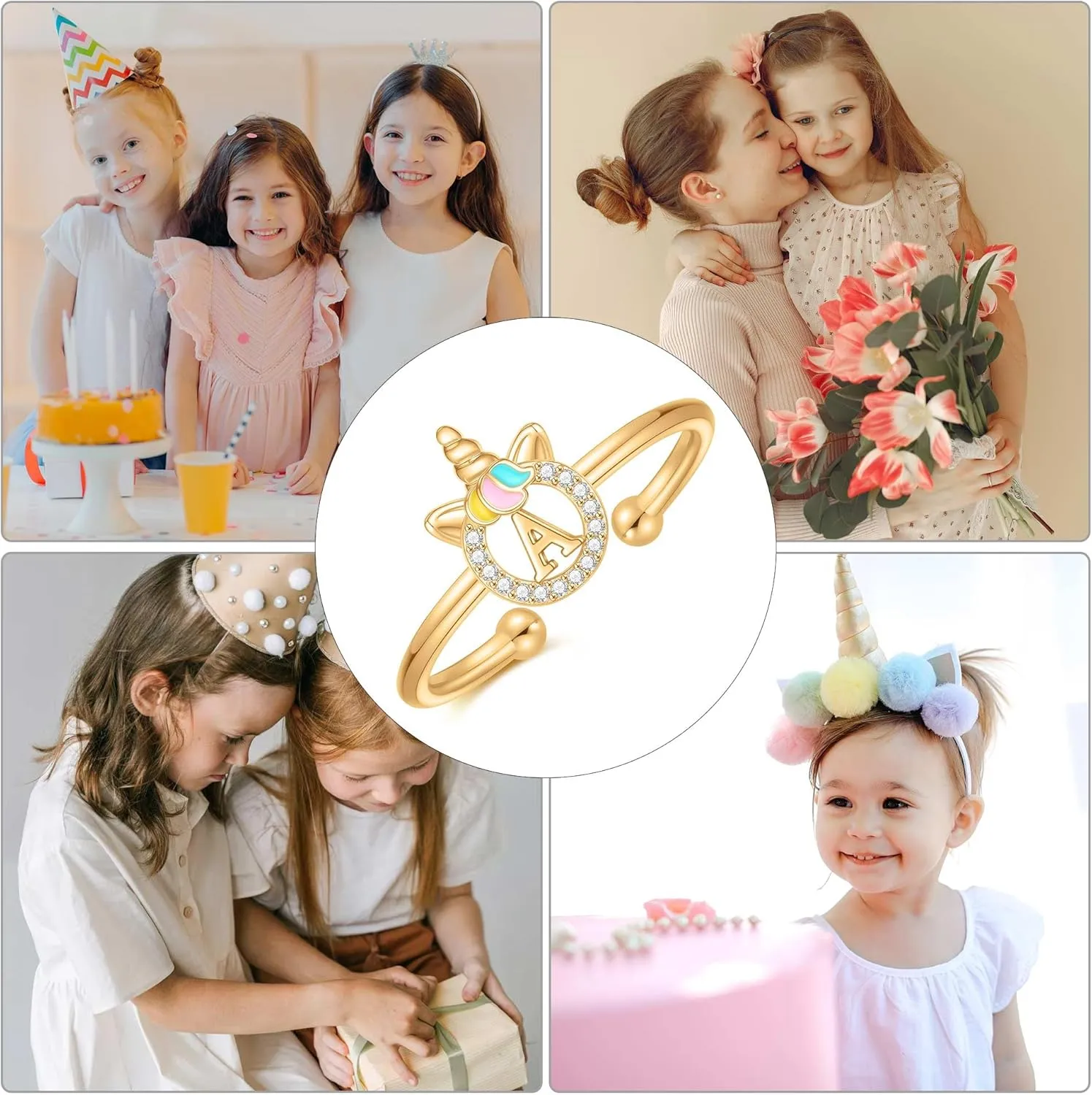 Dainty Initial Unicorn Rings for Girls Gifts, 14K Gold Plated/Rose Gold/Silver Unicorn Rings for Girls Cute Initial Toddler Ring Hypoallergenic Adjustable Letter Rings for Teen Girls Gifts
