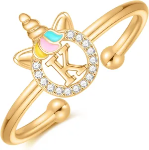 Dainty Initial Unicorn Rings for Girls Gifts, 14K Gold Plated/Rose Gold/Silver Unicorn Rings for Girls Cute Initial Toddler Ring Hypoallergenic Adjustable Letter Rings for Teen Girls Gifts
