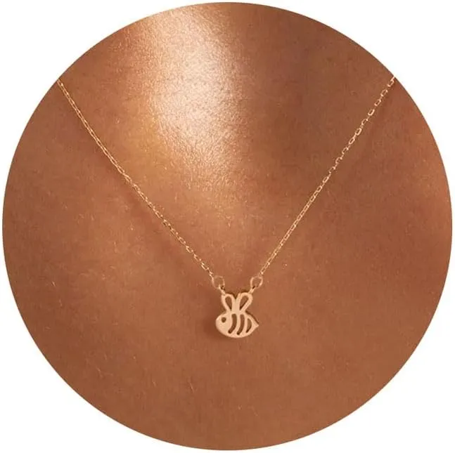 Dainty Necklace for Women, 14K Gold Plated Elephant Bee Cat Dog Bear Moon and Star Necklace Dragonfly Cute Sun Rainbow Necklaces Simple Flower Gold Evil Eye Leaf Necklace