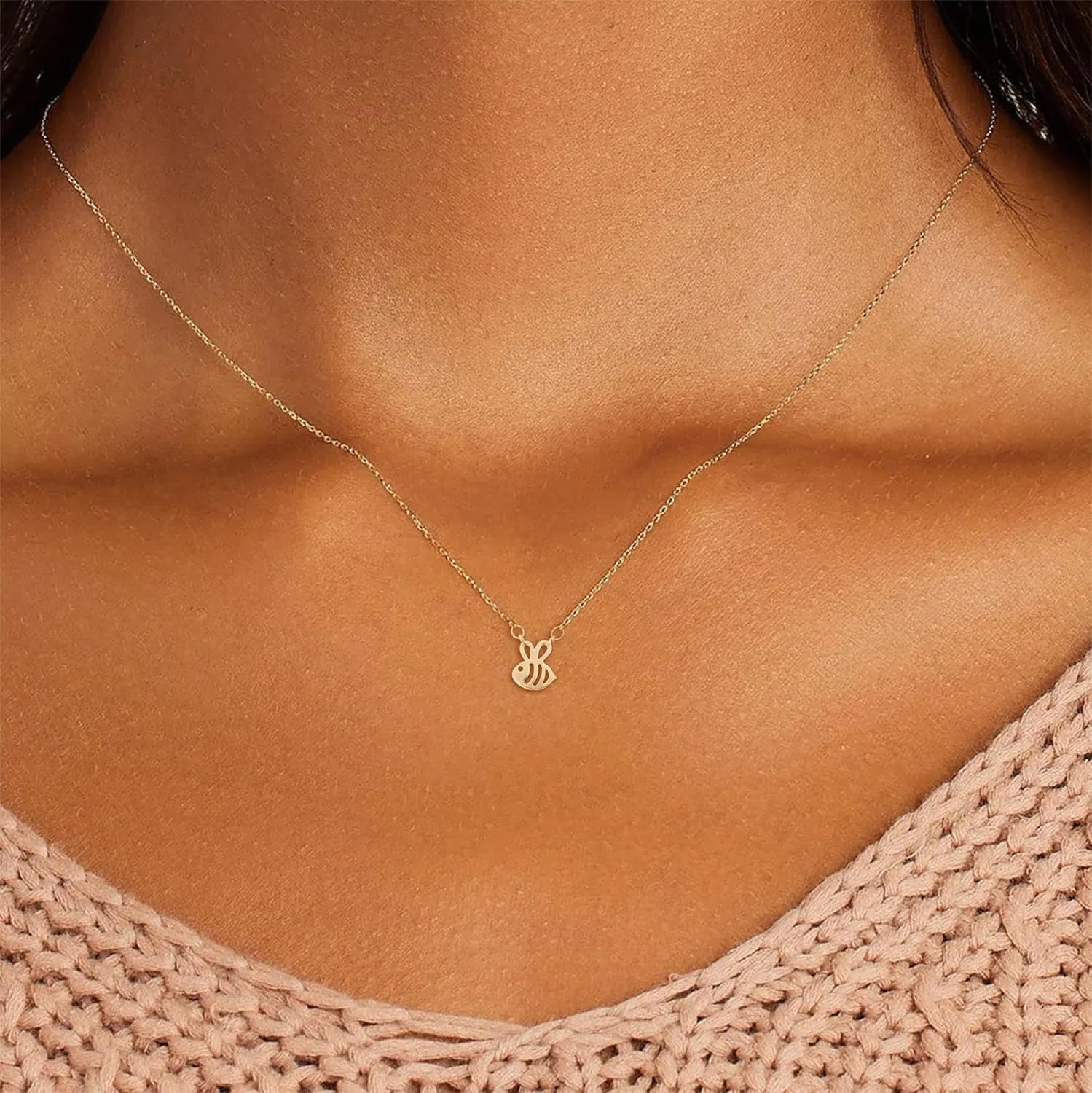 Dainty Necklace for Women, 14K Gold Plated Elephant Bee Cat Dog Bear Moon and Star Necklace Dragonfly Cute Sun Rainbow Necklaces Simple Flower Gold Evil Eye Leaf Necklace