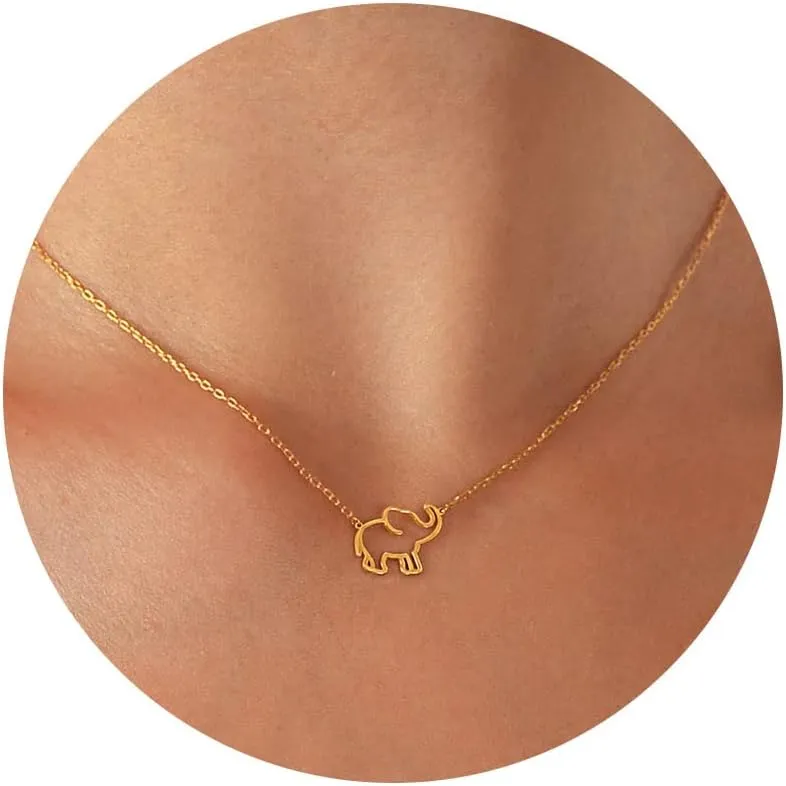 Dainty Necklace for Women, 14K Gold Plated Elephant Bee Cat Dog Bear Moon and Star Necklace Dragonfly Cute Sun Rainbow Necklaces Simple Flower Gold Evil Eye Leaf Necklace