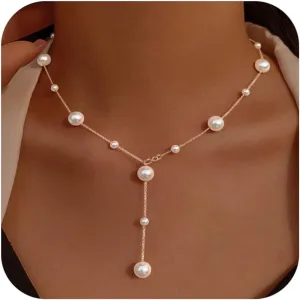 Dainty Pearl Necklaces for Women 925 Sterling Silver Simple White Pearl Drop Y Long Pendant Necklace Pearls Gold Choker Necklace for Mother Bride Wedding Jewelry Graduation Gift