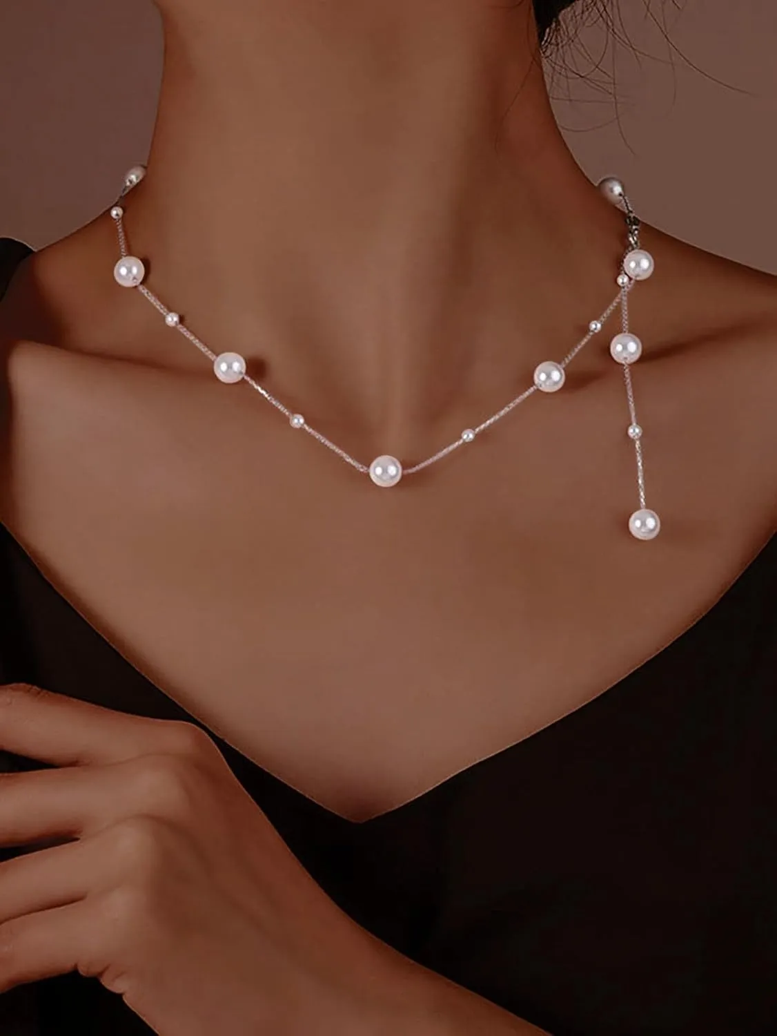 Dainty Pearl Necklaces for Women 925 Sterling Silver Simple White Pearl Drop Y Long Pendant Necklace Pearls Gold Choker Necklace for Mother Bride Wedding Jewelry Graduation Gift