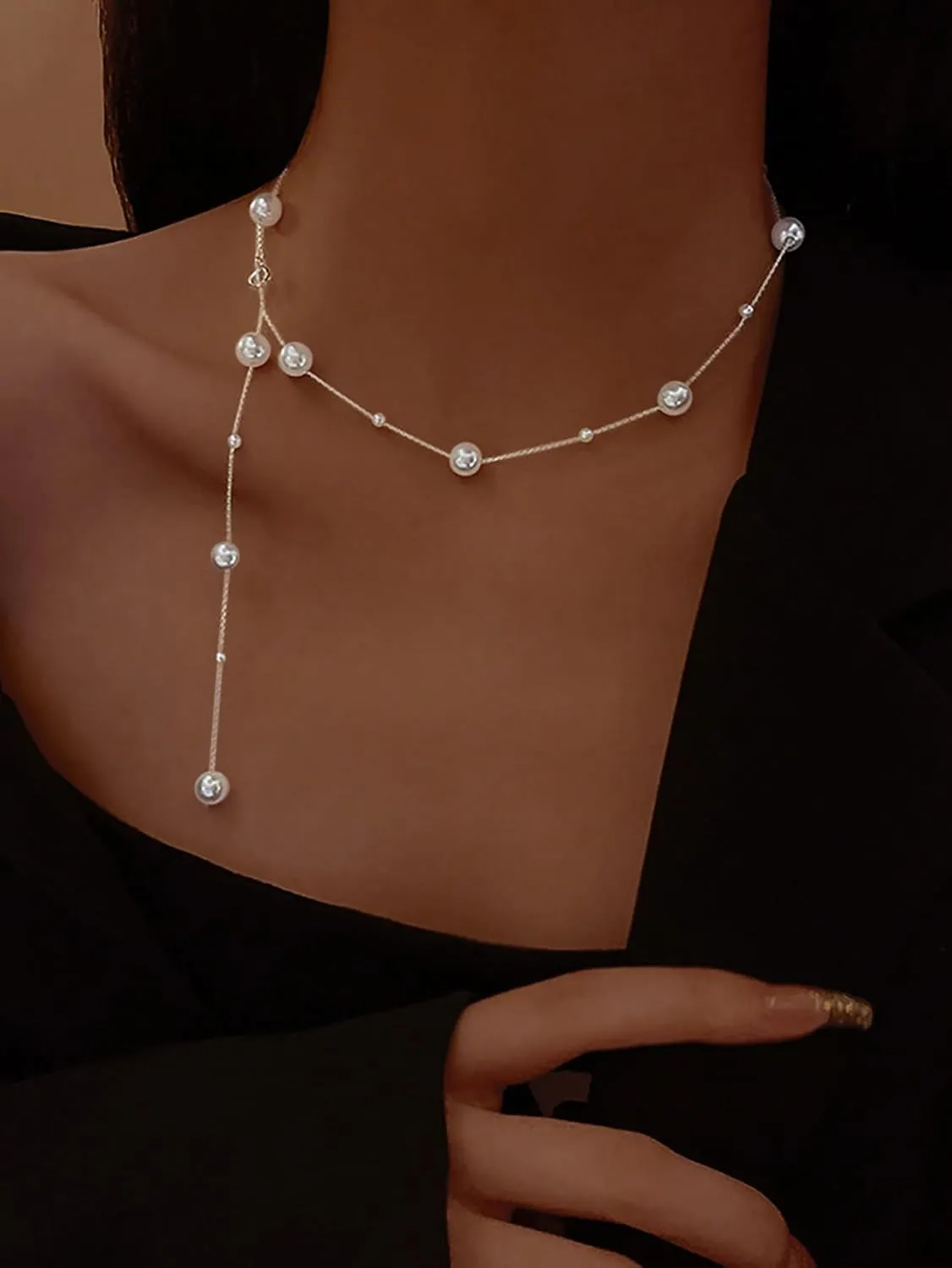 Dainty Pearl Necklaces for Women 925 Sterling Silver Simple White Pearl Drop Y Long Pendant Necklace Pearls Gold Choker Necklace for Mother Bride Wedding Jewelry Graduation Gift