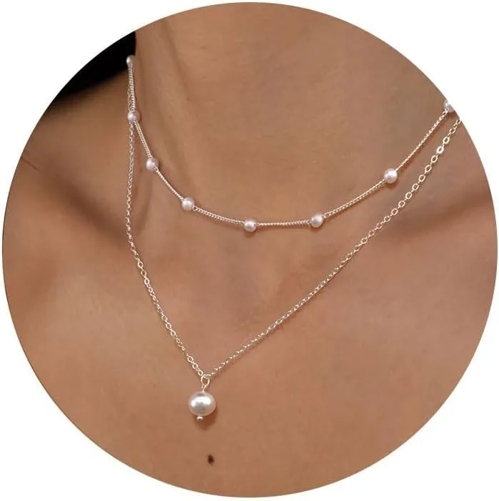 Dainty Pearl Pendant Necklaces for Women 14k Gold/Silver Plated Layered Pearl Chain Necklace Trendy Simple Box Paperclip Chain Pearl Necklace Gold Pearl Necklace Wedding Beach Gold Jewelry Gift for Women