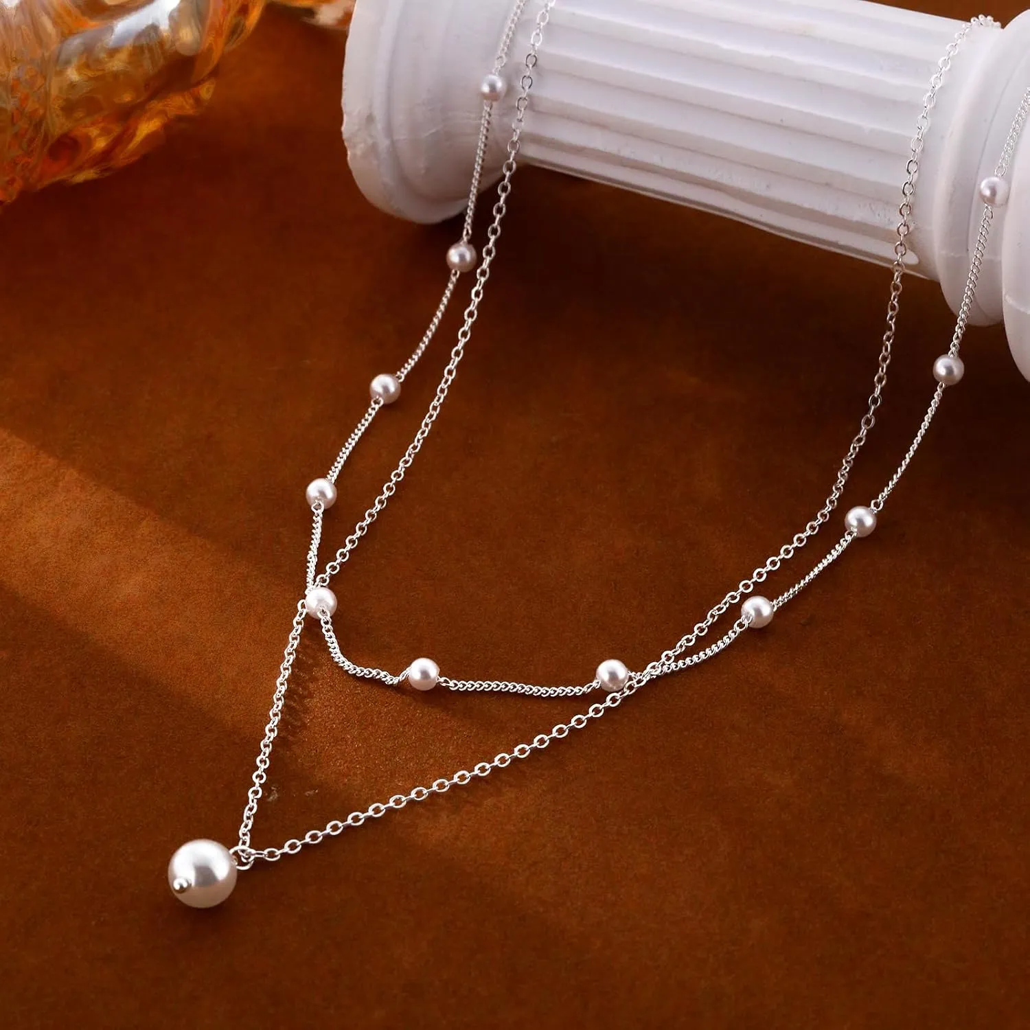 Dainty Pearl Pendant Necklaces for Women 14k Gold/Silver Plated Layered Pearl Chain Necklace Trendy Simple Box Paperclip Chain Pearl Necklace Gold Pearl Necklace Wedding Beach Gold Jewelry Gift for Women