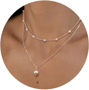 Dainty Pearl Pendant Necklaces for Women 14k Gold/Silver Plated Layered Pearl Chain Necklace Trendy Simple Box Paperclip Chain Pearl Necklace Gold Pearl Necklace Wedding Beach Gold Jewelry Gift for Women