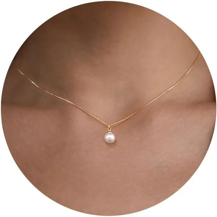 Dainty Pearl Pendant Necklaces for Women 14k Gold/Silver Plated Layered Pearl Chain Necklace Trendy Simple Box Paperclip Chain Pearl Necklace Gold Pearl Necklace Wedding Beach Gold Jewelry Gift for Women