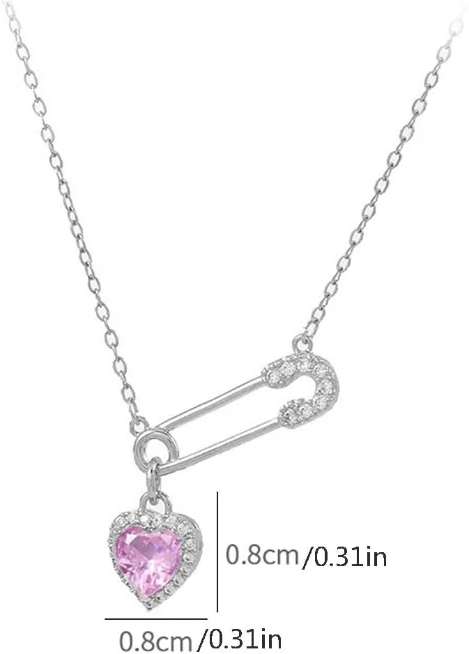 Dainty Safety Pin With Colorful Heart Charm Silver Plated Choker Necklace for Women Cubic Zirconia Love Paper Clip Pendant Necklaces Adjustbale Chain Fashion Y2K Jewlery