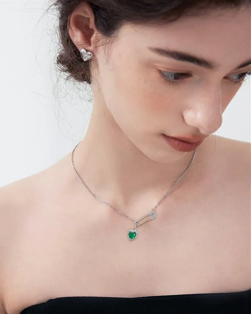 Dainty Safety Pin With Colorful Heart Charm Silver Plated Choker Necklace for Women Cubic Zirconia Love Paper Clip Pendant Necklaces Adjustbale Chain Fashion Y2K Jewlery