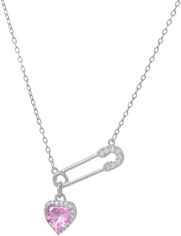 Dainty Safety Pin With Colorful Heart Charm Silver Plated Choker Necklace for Women Cubic Zirconia Love Paper Clip Pendant Necklaces Adjustbale Chain Fashion Y2K Jewlery