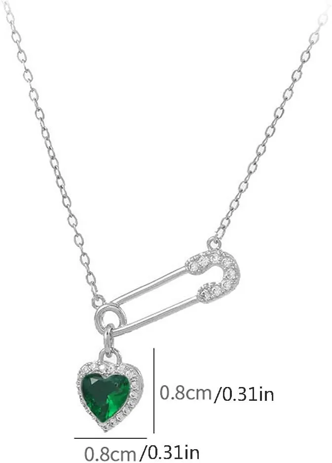 Dainty Safety Pin With Colorful Heart Charm Silver Plated Choker Necklace for Women Cubic Zirconia Love Paper Clip Pendant Necklaces Adjustbale Chain Fashion Y2K Jewlery
