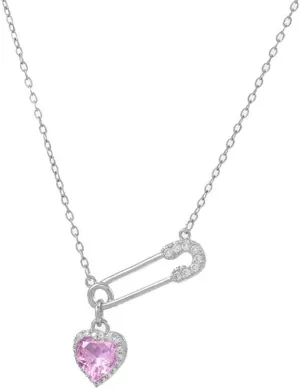 Dainty Safety Pin With Colorful Heart Charm Silver Plated Choker Necklace for Women Cubic Zirconia Love Paper Clip Pendant Necklaces Adjustbale Chain Fashion Y2K Jewlery