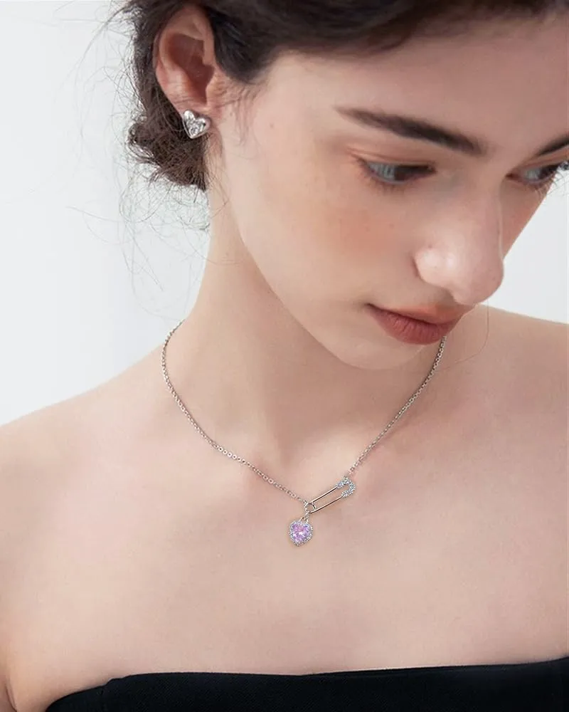 Dainty Safety Pin With Colorful Heart Charm Silver Plated Choker Necklace for Women Cubic Zirconia Love Paper Clip Pendant Necklaces Adjustbale Chain Fashion Y2K Jewlery