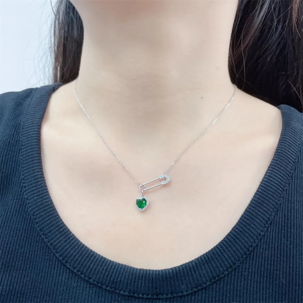 Dainty Safety Pin With Colorful Heart Charm Silver Plated Choker Necklace for Women Cubic Zirconia Love Paper Clip Pendant Necklaces Adjustbale Chain Fashion Y2K Jewlery