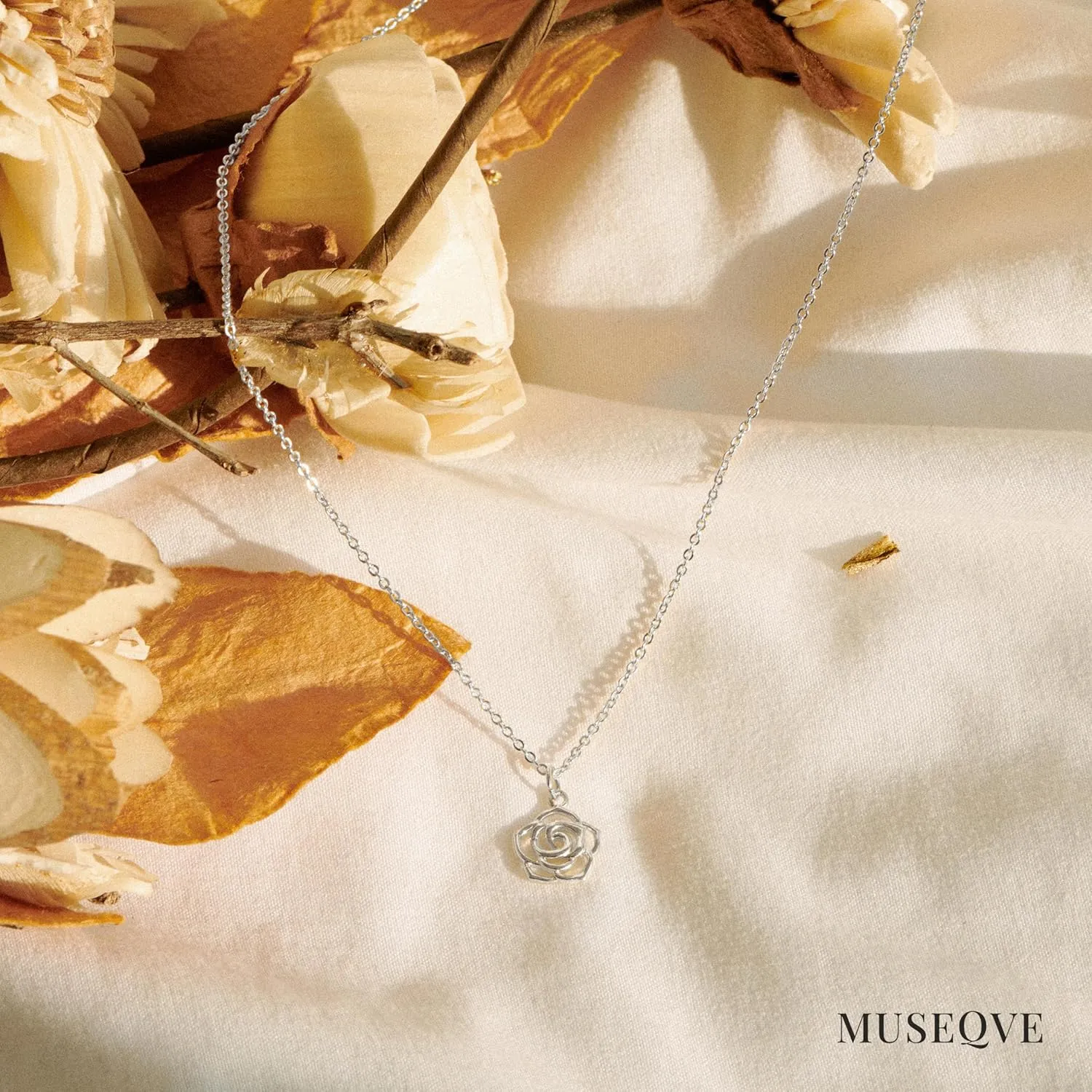 Dainty Simple Rose Pendant Necklace for Women  14K Gold Plated Open Rose Outline Flower Nature Jewelry  Mothers Day Gifts Minimalist Bridesmaid Necklaces [RSN]