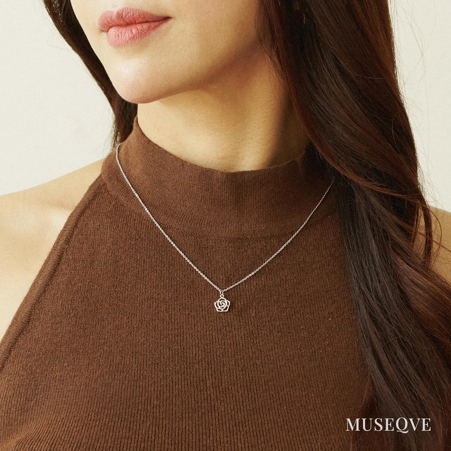 Dainty Simple Rose Pendant Necklace for Women  14K Gold Plated Open Rose Outline Flower Nature Jewelry  Mothers Day Gifts Minimalist Bridesmaid Necklaces [RSN]