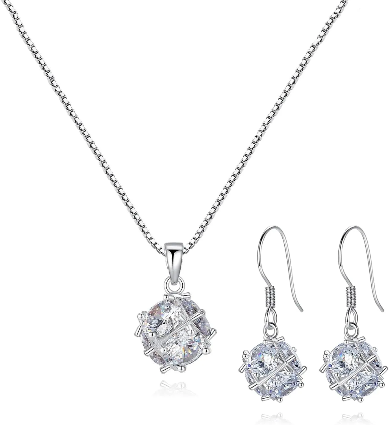Dainty Solitaire Necklaces Stud Earrings Set For Women,White Gold Plated Simple Prom Jewelry Set Cubic Zirconia Pendant Choker Necklace And Earring Sets Wedding Jewelry For Bridal