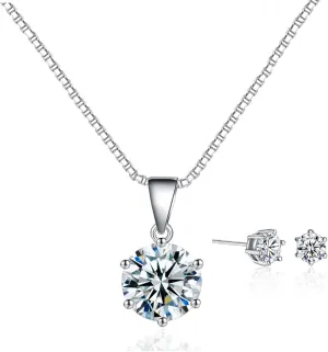 Dainty Solitaire Necklaces Stud Earrings Set For Women,White Gold Plated Simple Prom Jewelry Set Cubic Zirconia Pendant Choker Necklace And Earring Sets Wedding Jewelry For Bridal